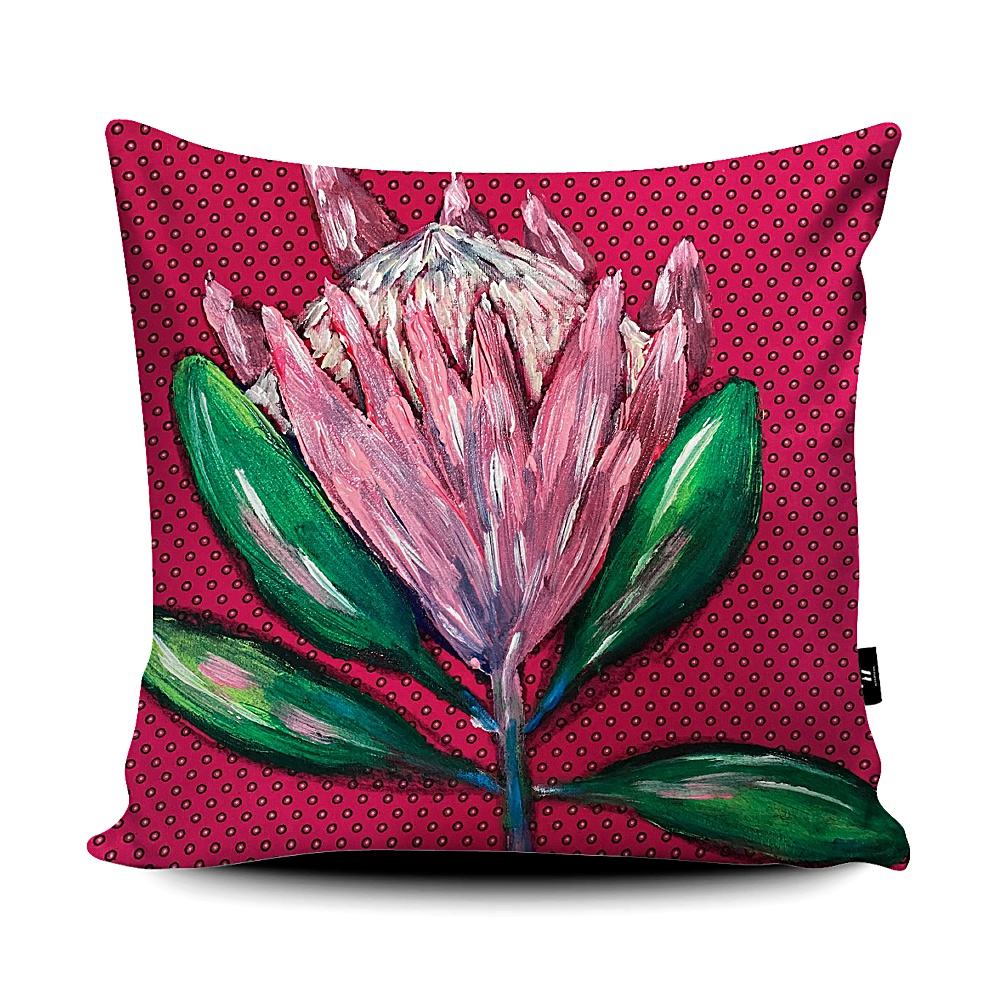 Pink Protea on Pink Shweshwe Scatter Cusion