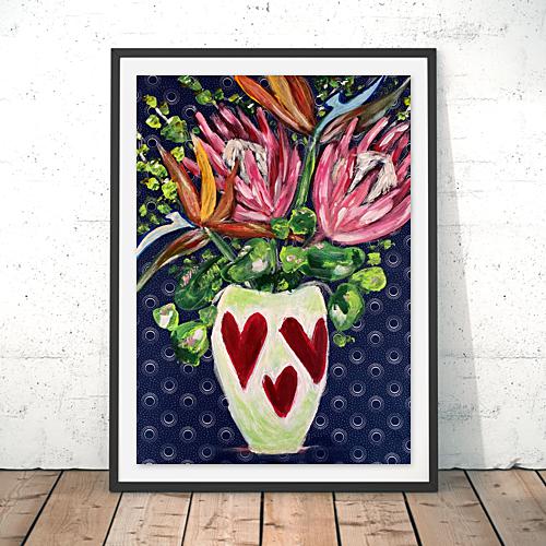 Proteas in Heart Vase Print